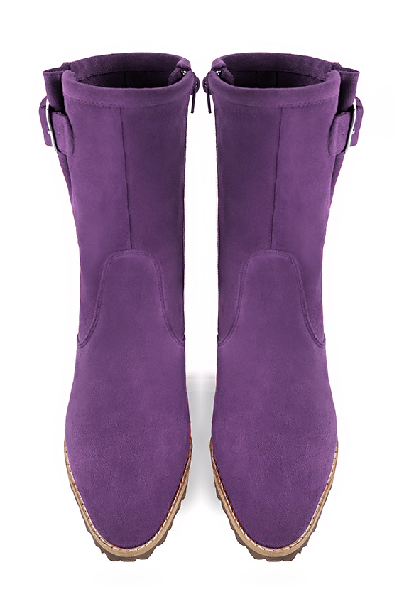 Amethyst purple women's ankle boots with buckles on the sides. Round toe. Medium block heels. Top view - Florence KOOIJMAN